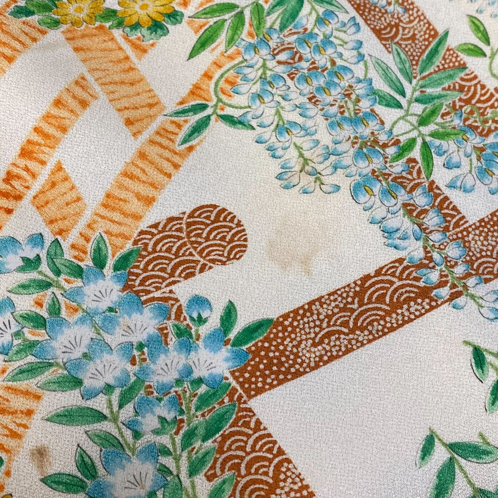 Handcrafted Robe from Vintage Kimono - Orange-Yellow Botanical Design D006