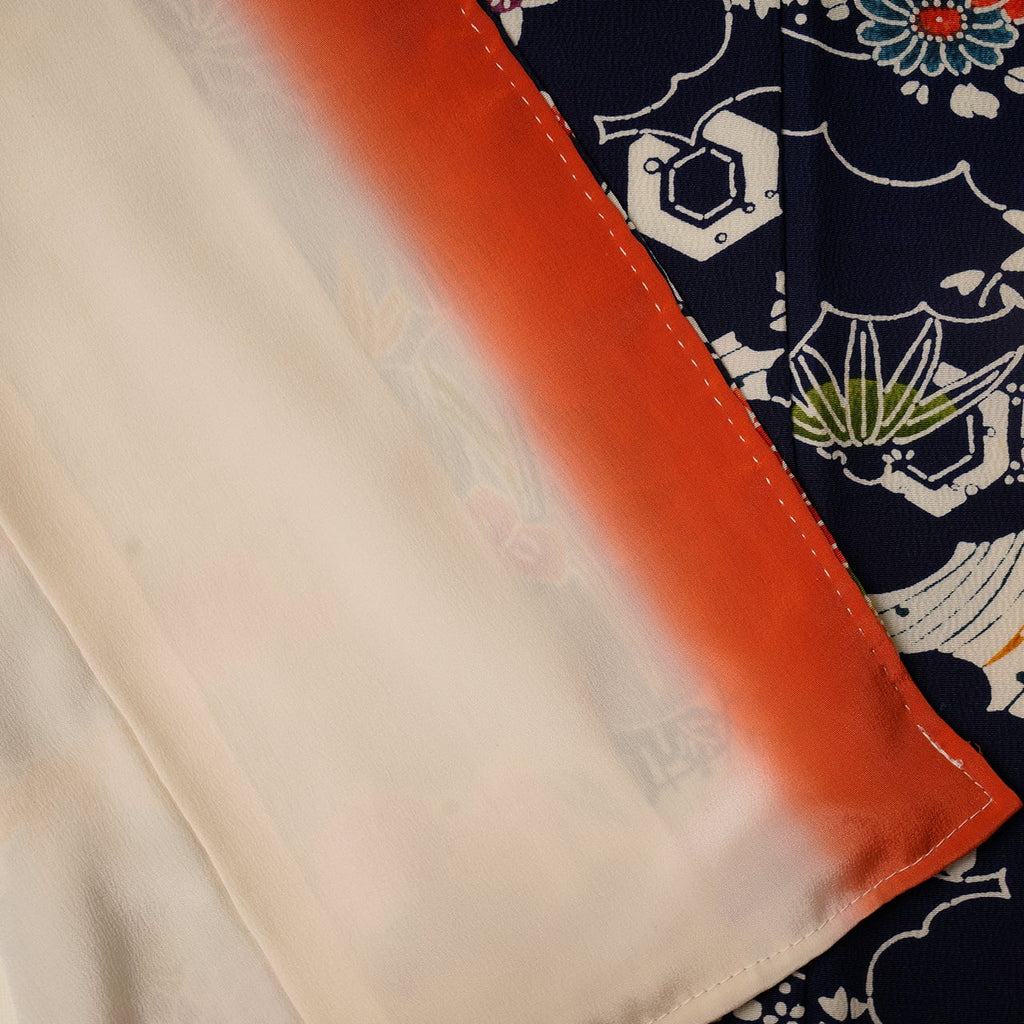 Handcrafted Robe from Vintage Kimono - Navy Blue Floral Design "Bingata"-Dyed D013