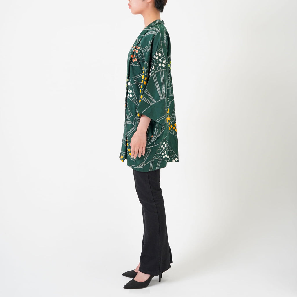 Vintage Kimono Jacket (Haori) - Green Shibori-Dyed H001