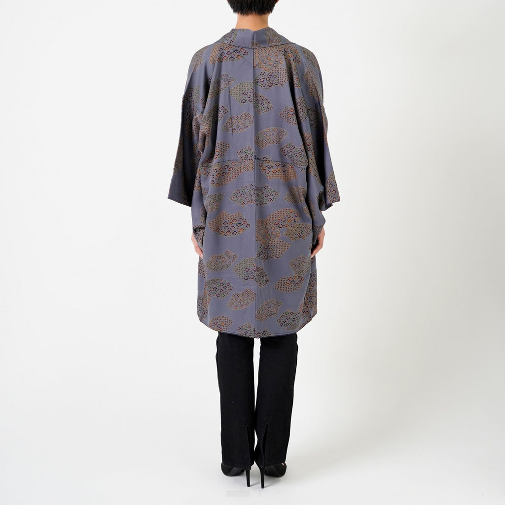 Handcrafted Robe from Vintage Kimono - Gray Folding Fan Design D001