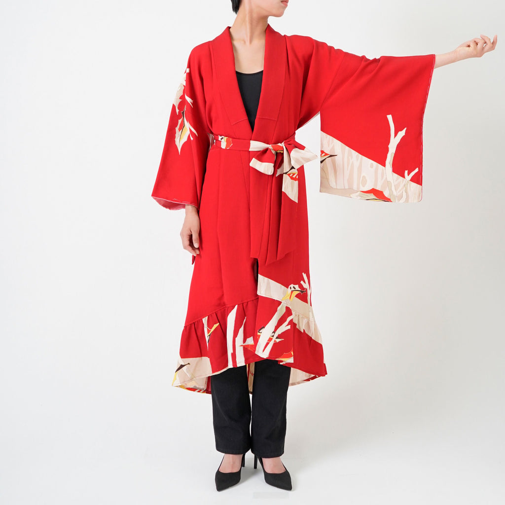 Handcrafted Robe from Vintage Kimono - Red Botanical Design D011