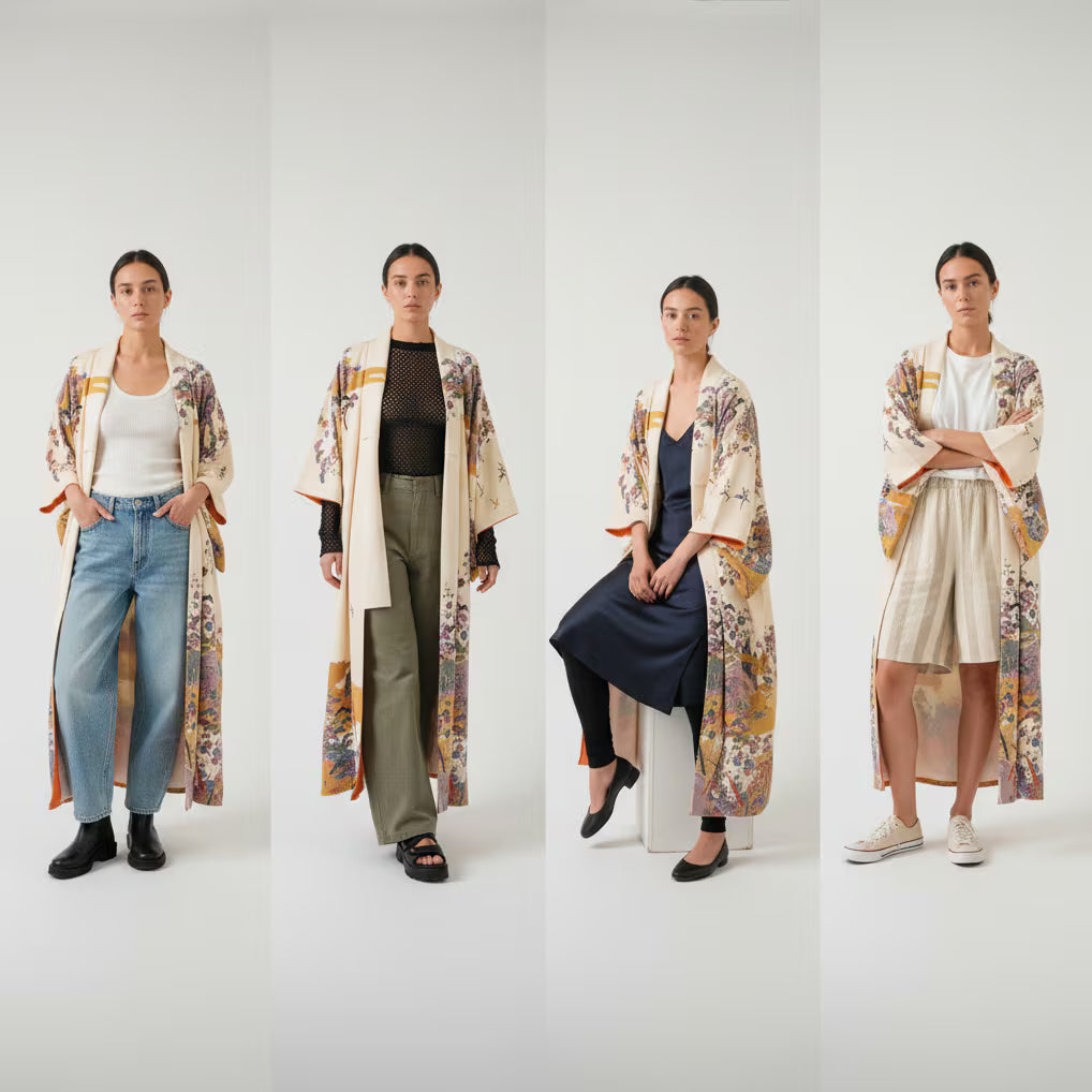 Handcrafted Robe from Vintage Kimono - "Bingata"-Dyed D015