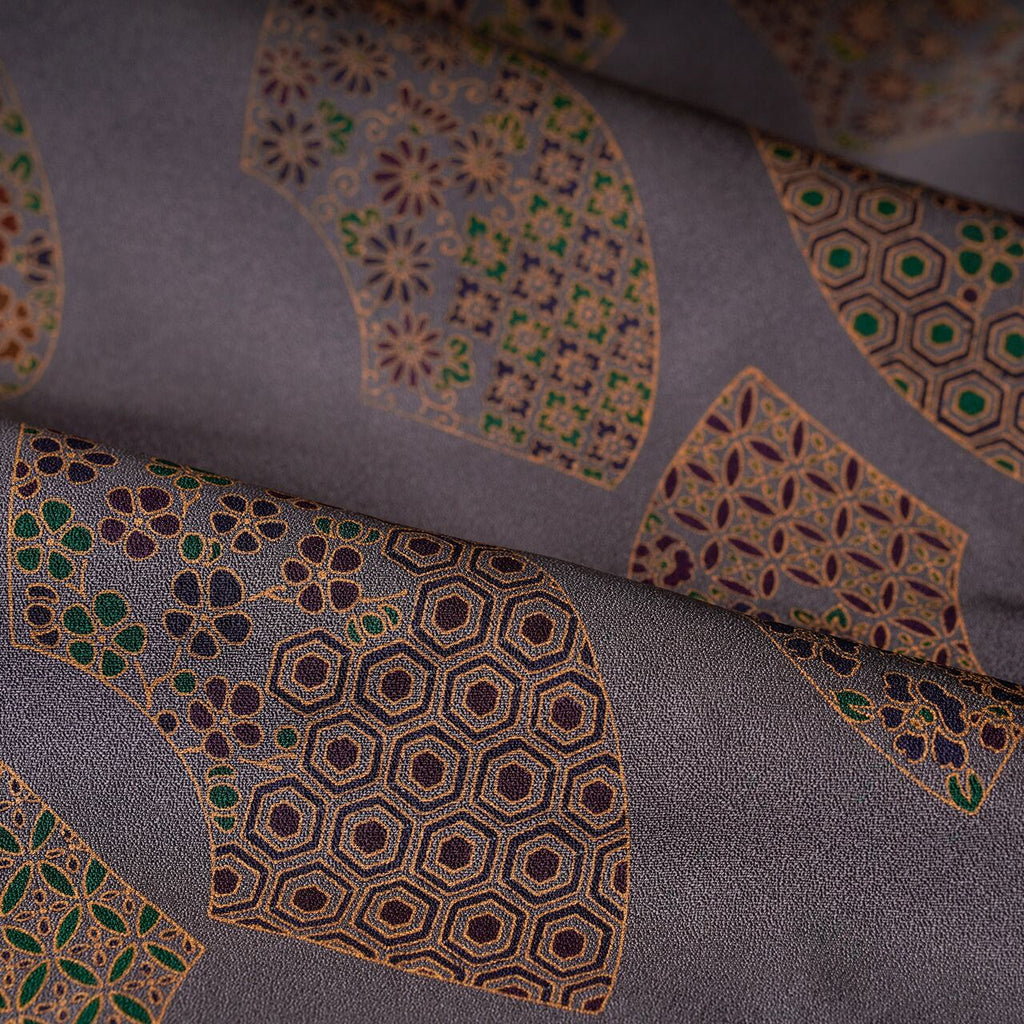 Handcrafted Robe from Vintage Kimono - Gray Folding Fan Design D001