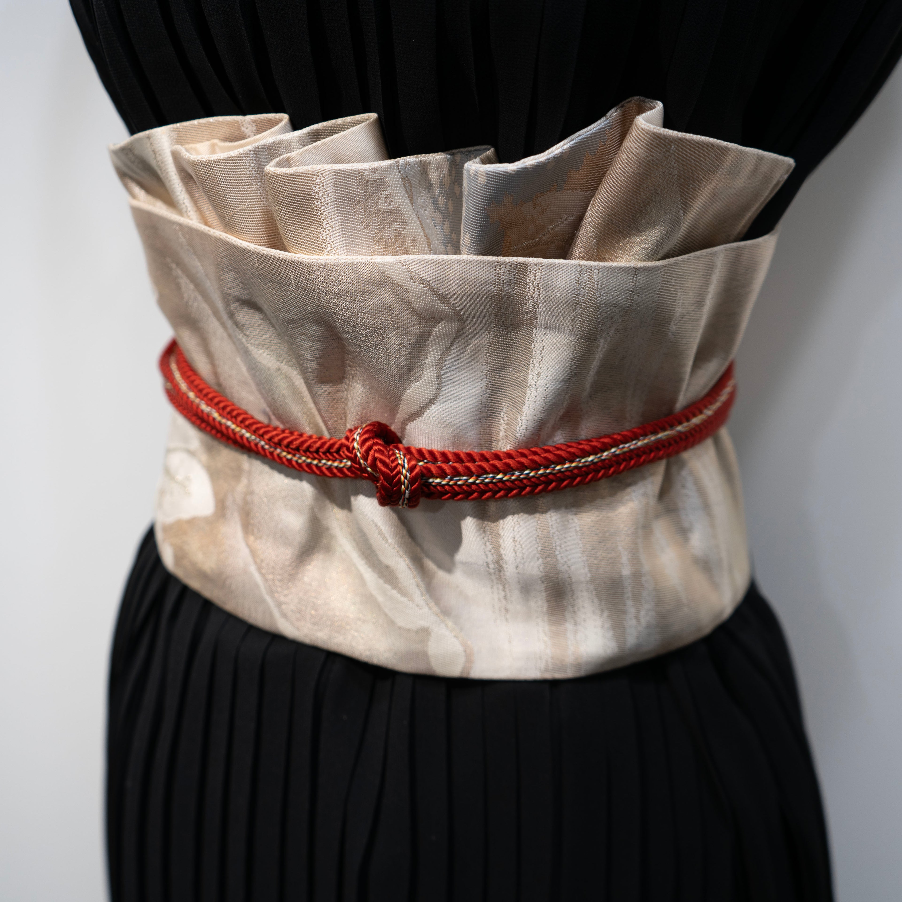 Handcrafted Belt from Vintage Kimono - White Gold Red Design B002