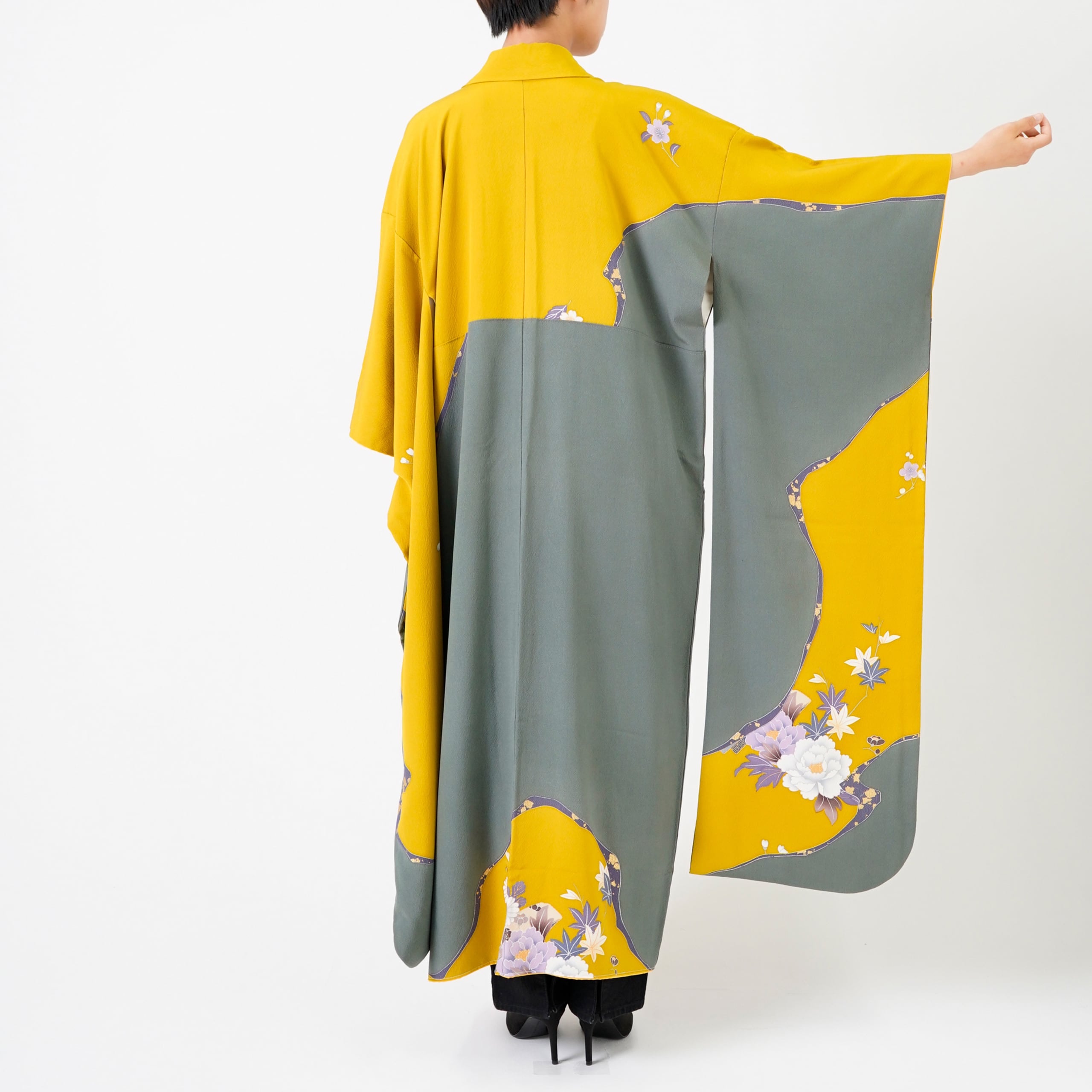Handcrafted Robe from Vintage Kimono - Yellow Flower Grass Design D017