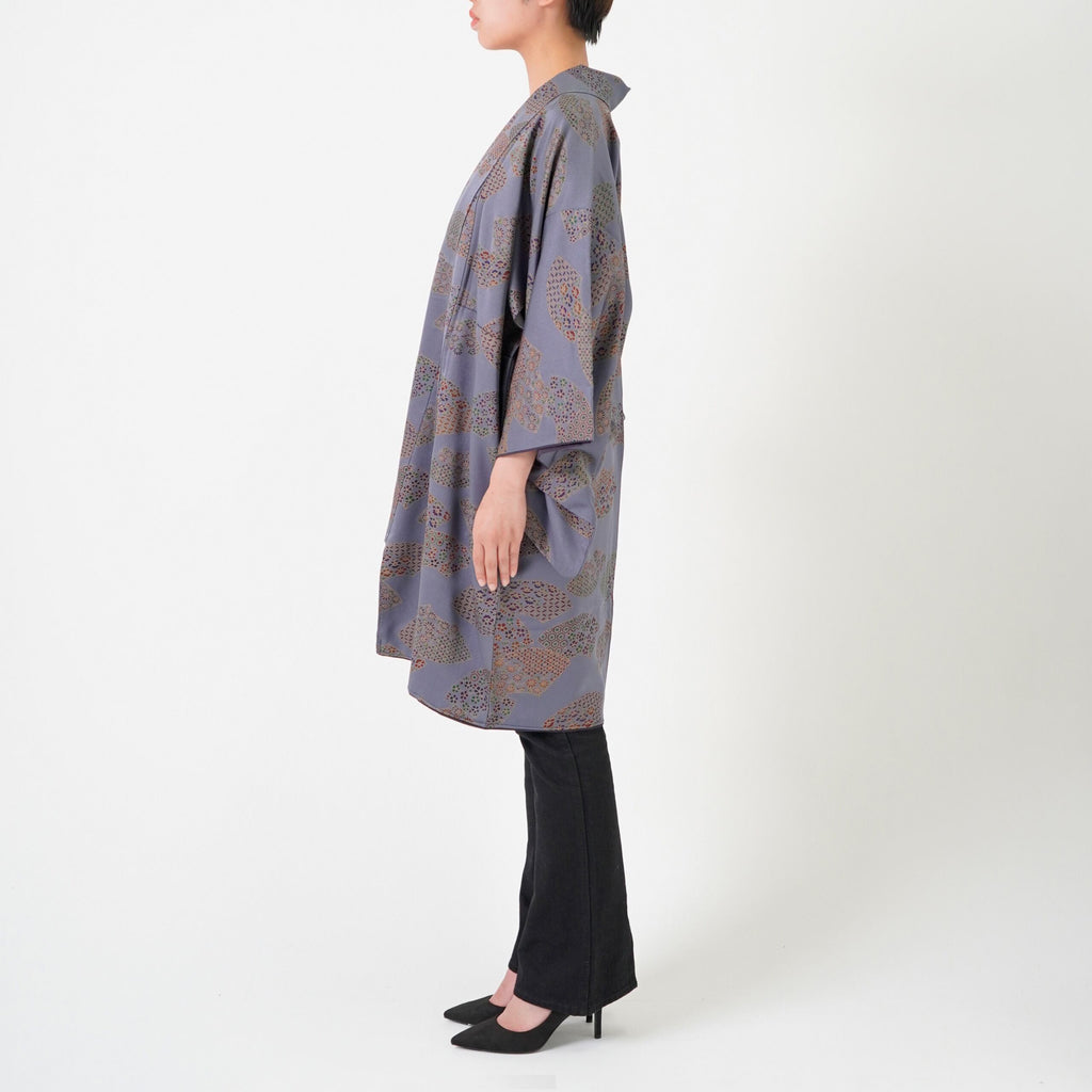Handcrafted Robe from Vintage Kimono - Gray Folding Fan Design D001