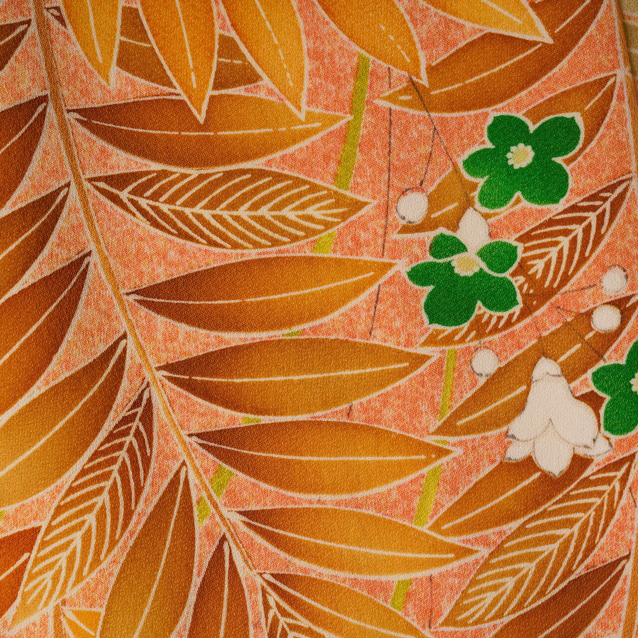 Handcrafted Robe from Vintage Kimono - Orange Botanical Pattern D020
