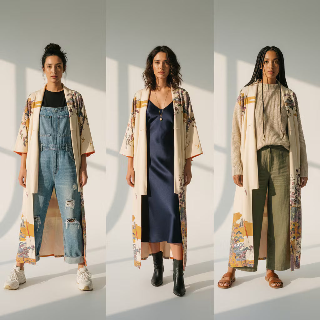 Handcrafted Robe from Vintage Kimono - "Bingata"-Dyed D015