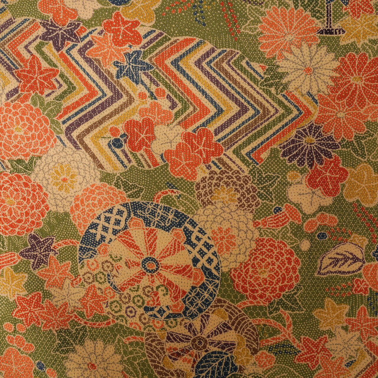 Vintage Kimono Jacket (Haori) - Khaki Orange Botanical Pattern H002