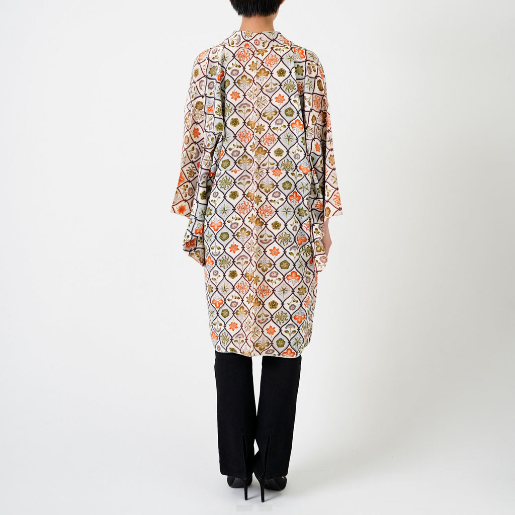 Handcrafted Robe from Vintage Kimono - Botanical Pattern D005