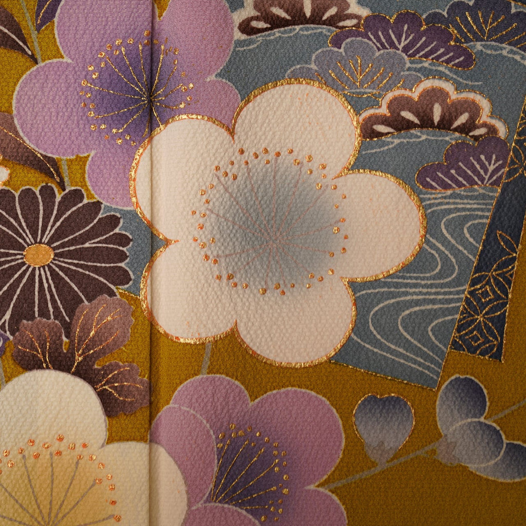 Handcrafted Robe from Vintage Kimono - Yellow Flower Grass Design D017