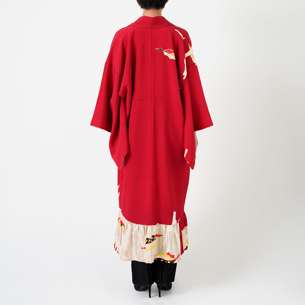 Handcrafted Robe from Vintage Kimono - Red Botanical Design D011