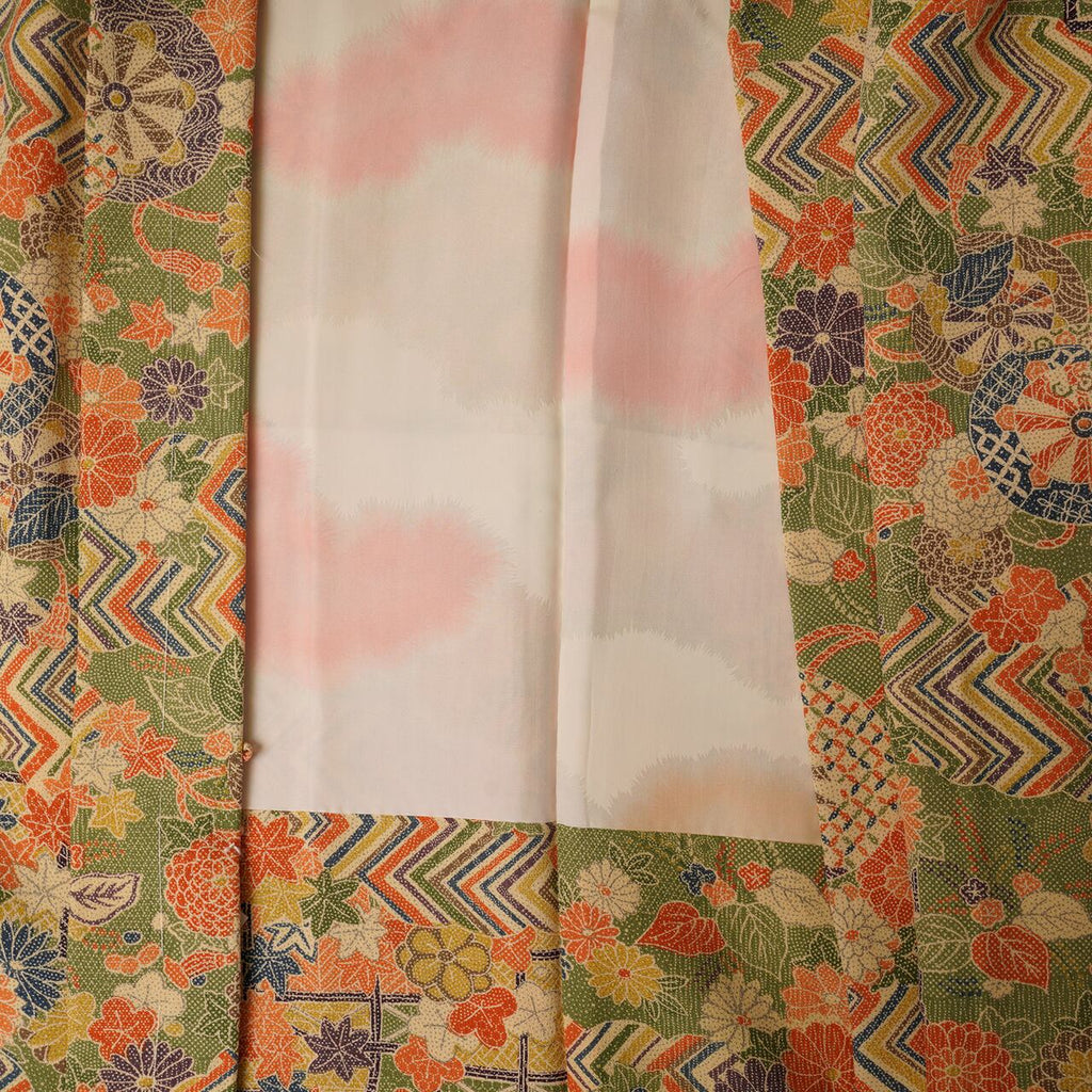 Vintage Kimono Jacket (Haori) - Khaki Orange Botanical Pattern H002
