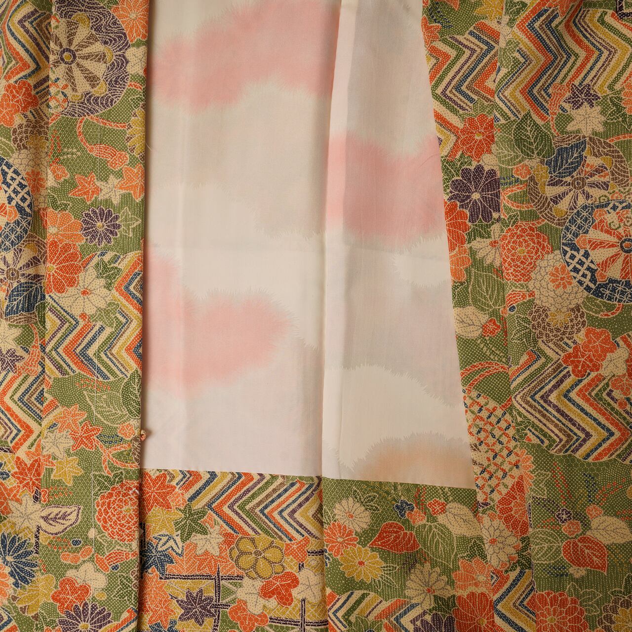 Vintage Kimono Jacket (Haori) - Khaki Orange Botanical Pattern H002