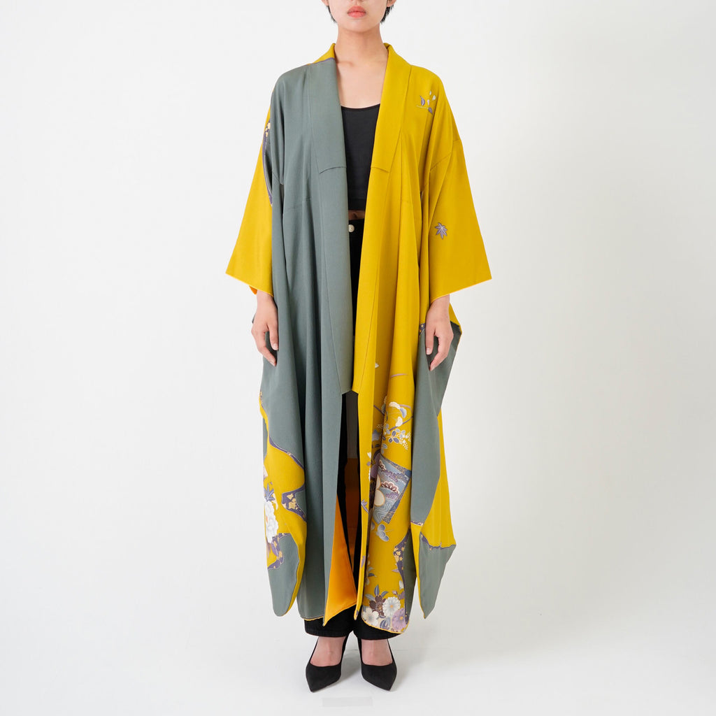 Handcrafted Robe from Vintage Kimono - Yellow Flower Grass Design D017