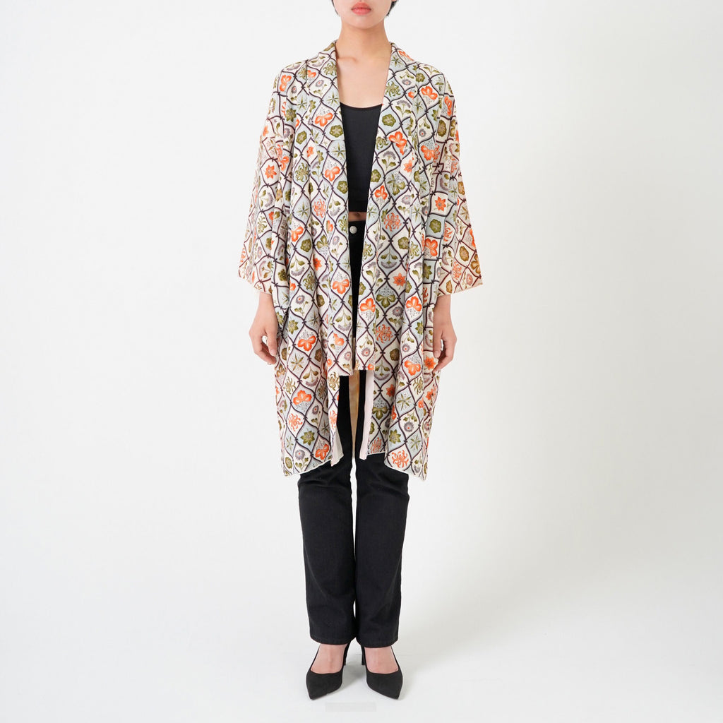 Handcrafted Robe from Vintage Kimono - Botanical Pattern D005