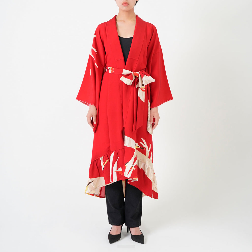 Handcrafted Robe from Vintage Kimono - Red Botanical Design D011