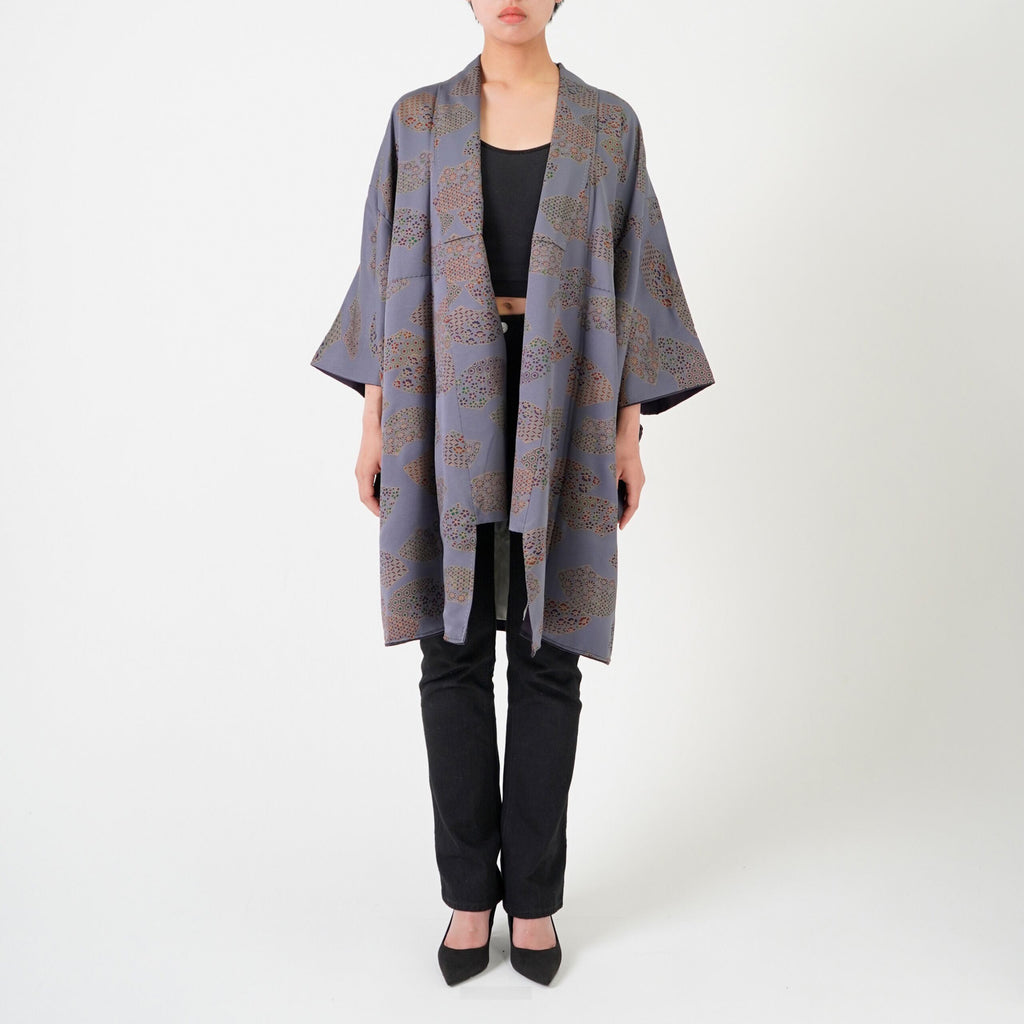Handcrafted Robe from Vintage Kimono - Gray Folding Fan Design D001