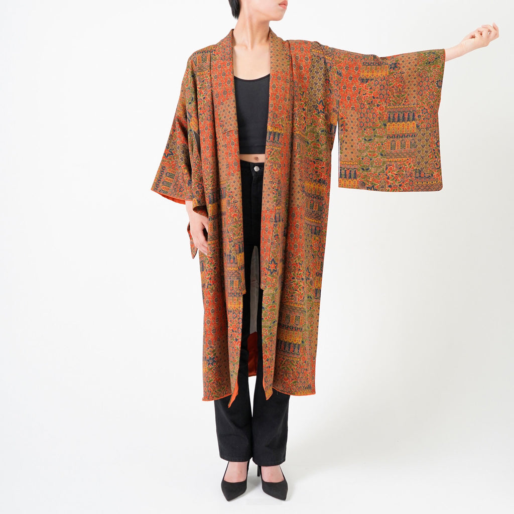 Handcrafted Robe from Vintage Kimono - Orange Calico Design D014