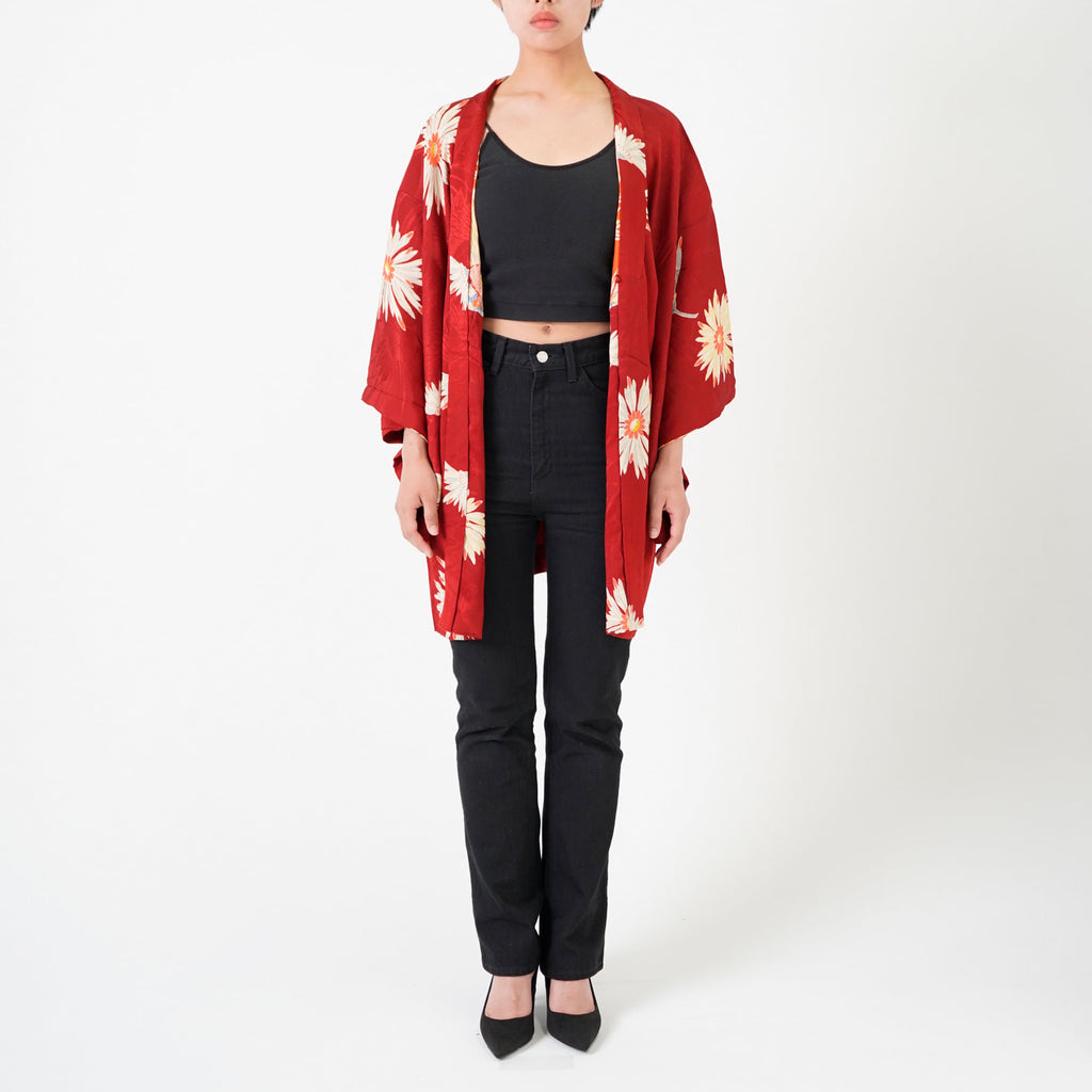 Vintage Kimono Jacket (Haori) - Red Flower Pattern H009