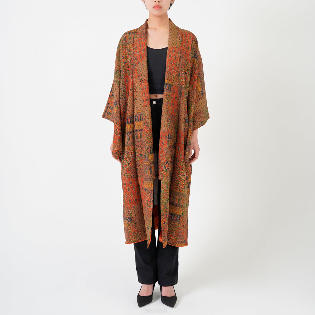 Handcrafted Robe from Vintage Kimono - Orange Calico Design D014