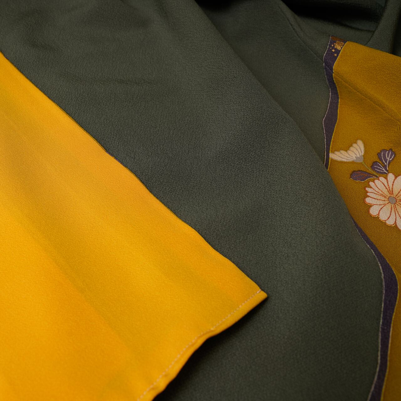 Handcrafted Robe from Vintage Kimono - Yellow Flower Grass Design D017