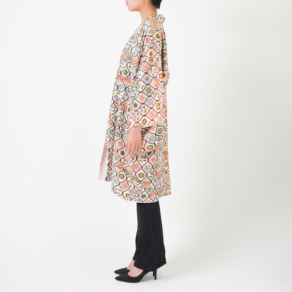 Handcrafted Robe from Vintage Kimono - Botanical Pattern D005