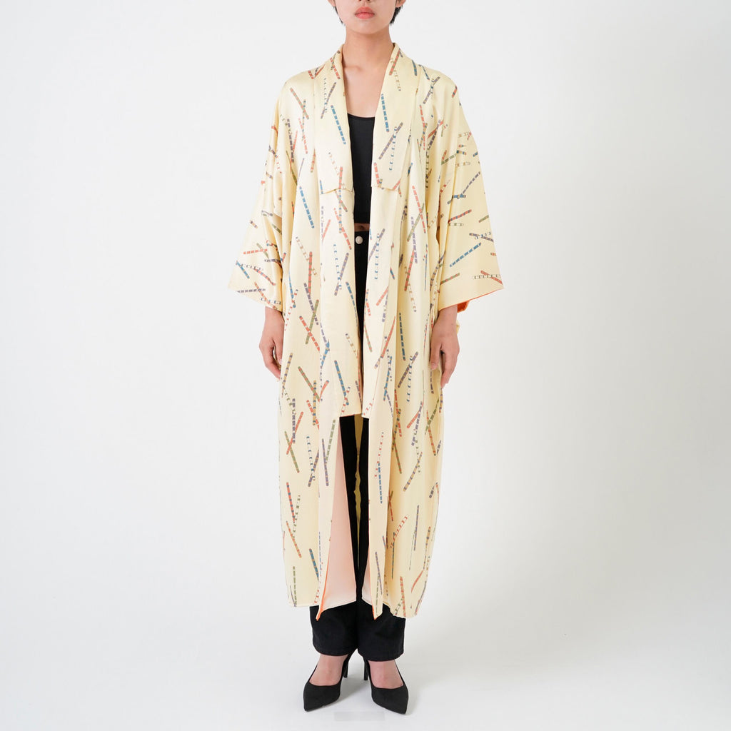 Handcrafted Robe from Vintage Kimono - Cream Whistle Design D021