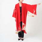 Handcrafted Robe from Vintage Kimono - Red Botanical Design D011