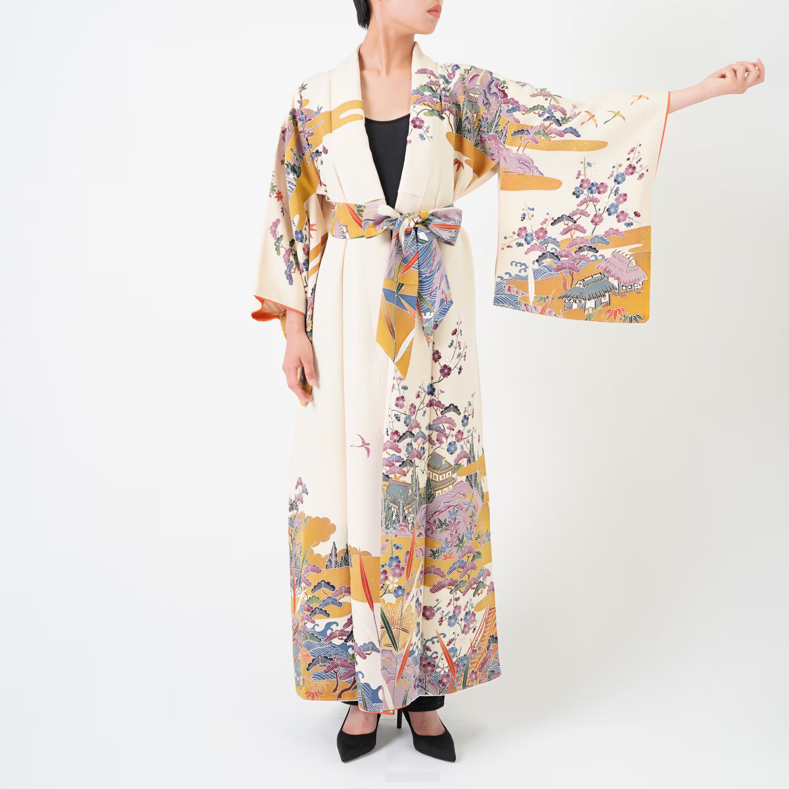 Handcrafted Robe from Vintage Kimono - "Bingata"-Dyed D015