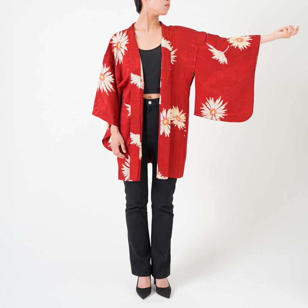Vintage Kimono Jacket (Haori) - Red Flower Pattern H009