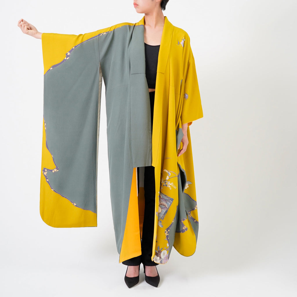 Handcrafted Robe from Vintage Kimono - Yellow Flower Grass Design D017