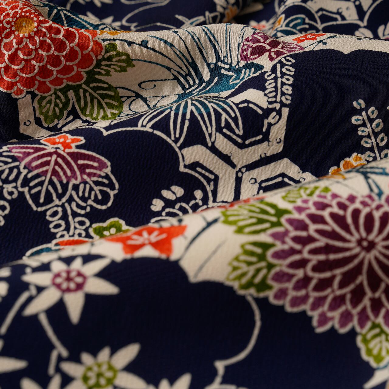 Handcrafted Robe from Vintage Kimono - Navy Blue Floral Design "Bingata"-Dyed D013