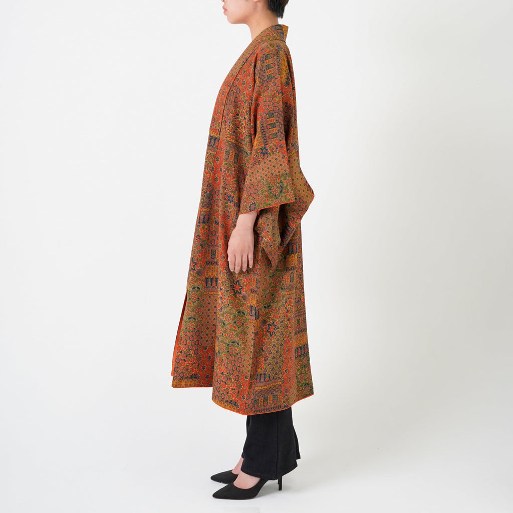 Handcrafted Robe from Vintage Kimono - Orange Calico Design D014