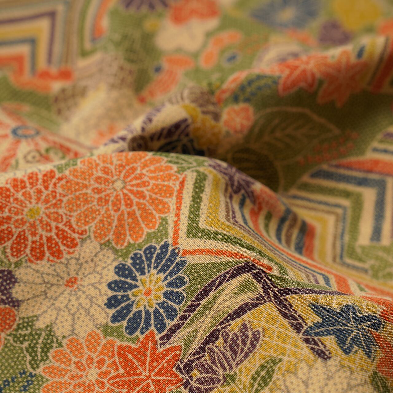 Vintage Kimono Jacket (Haori) - Khaki Orange Botanical Pattern H002