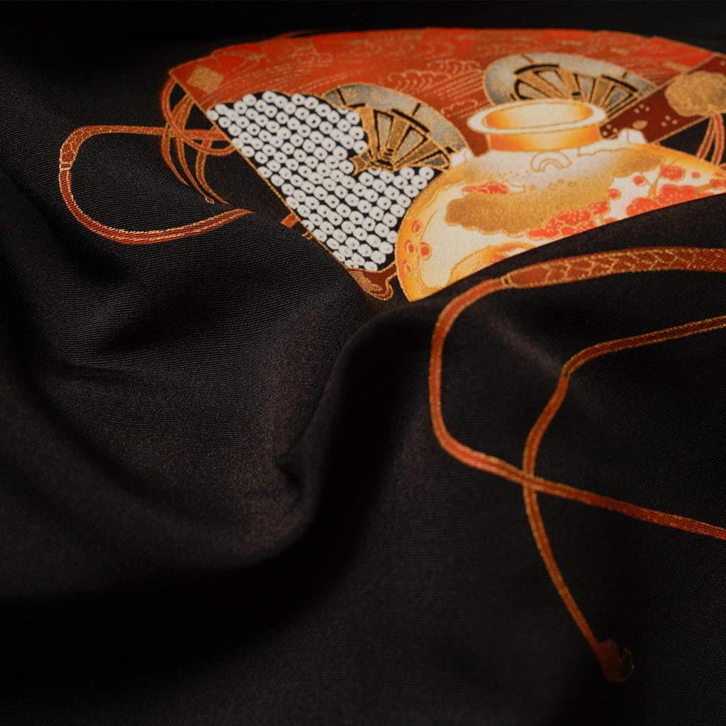 Vintage Kimono Jacket (Haori) - Black color with Vase Red rope and Fan Motifs H003