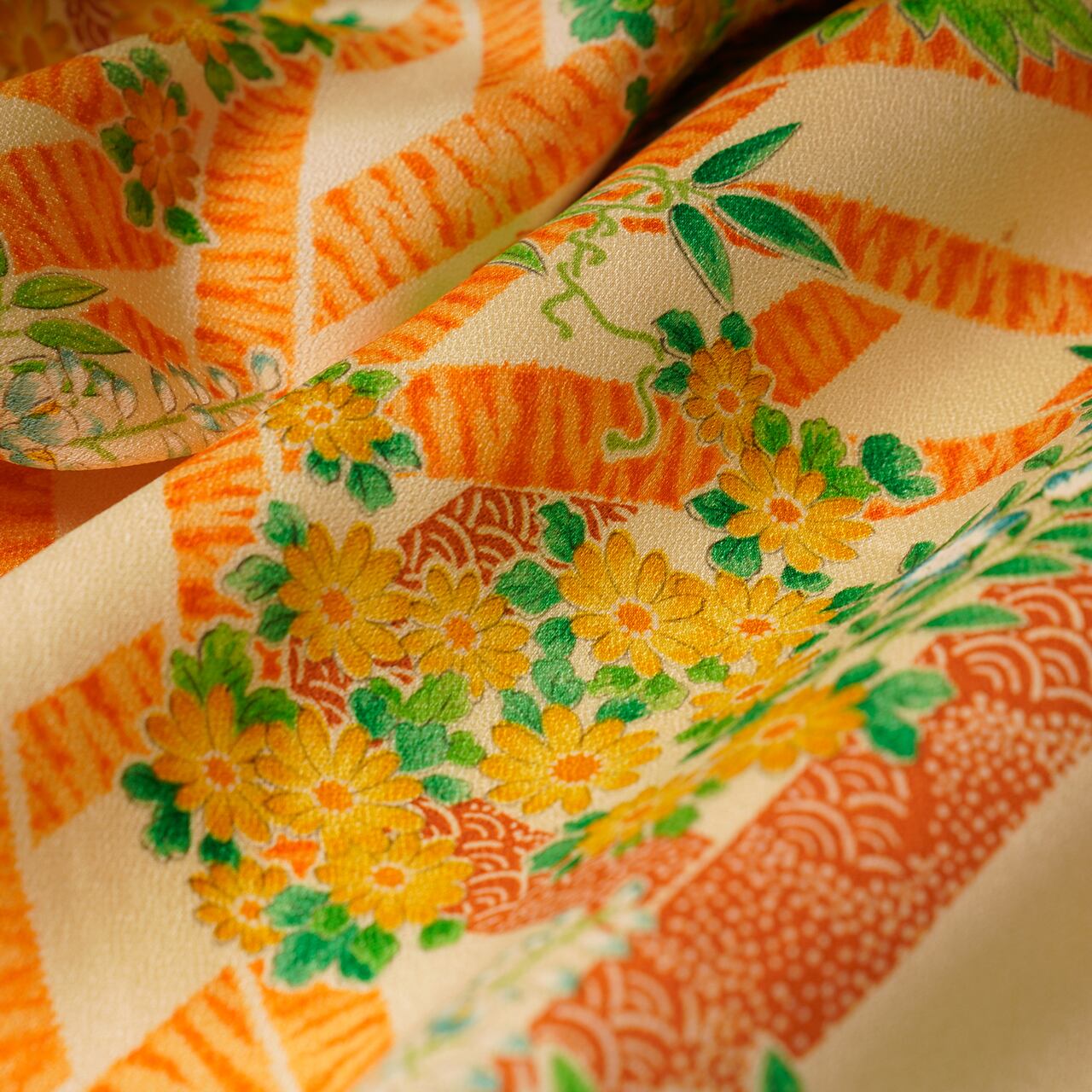 Handcrafted Robe from Vintage Kimono - Orange-Yellow Botanical Design D006
