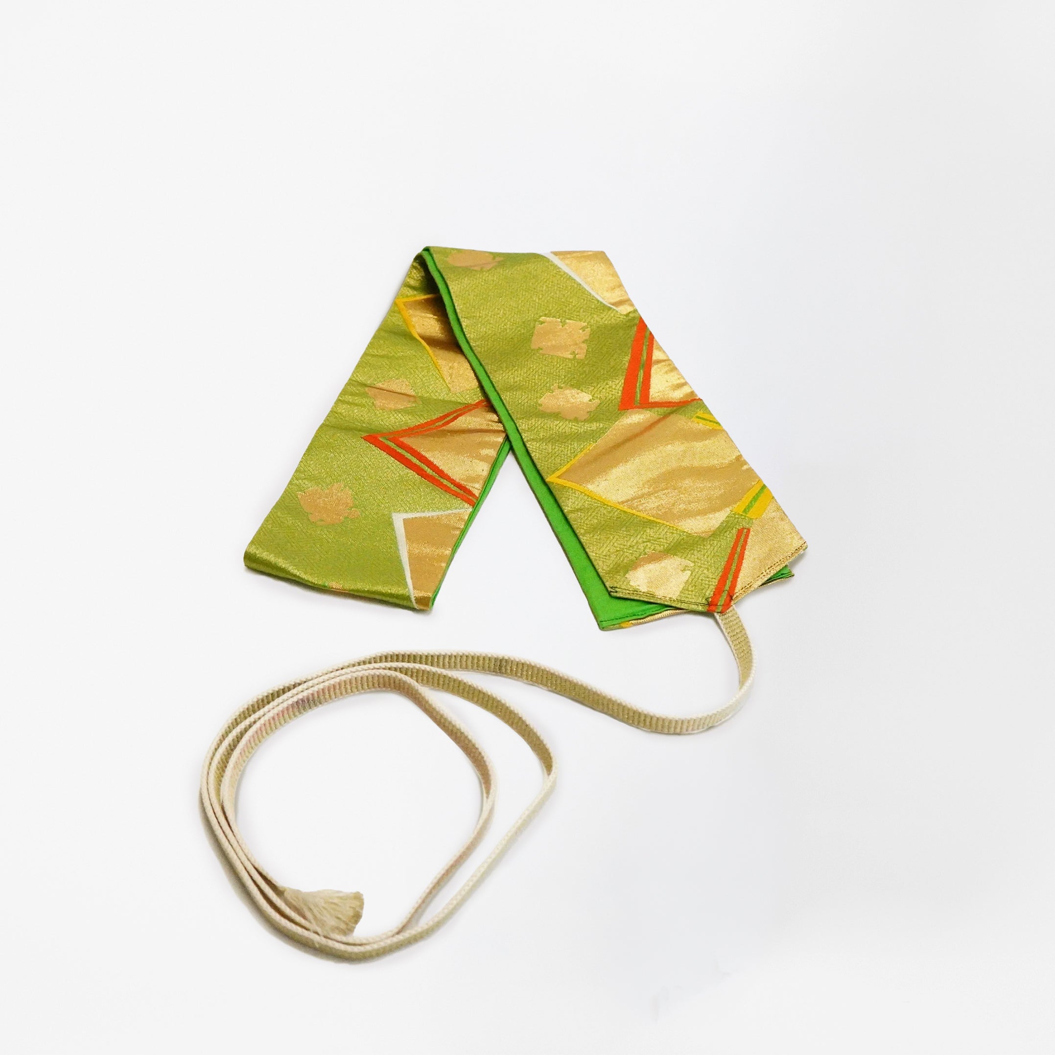 Handcrafted Belt from Vintage Kimono - Green Geometric pattern Design B001