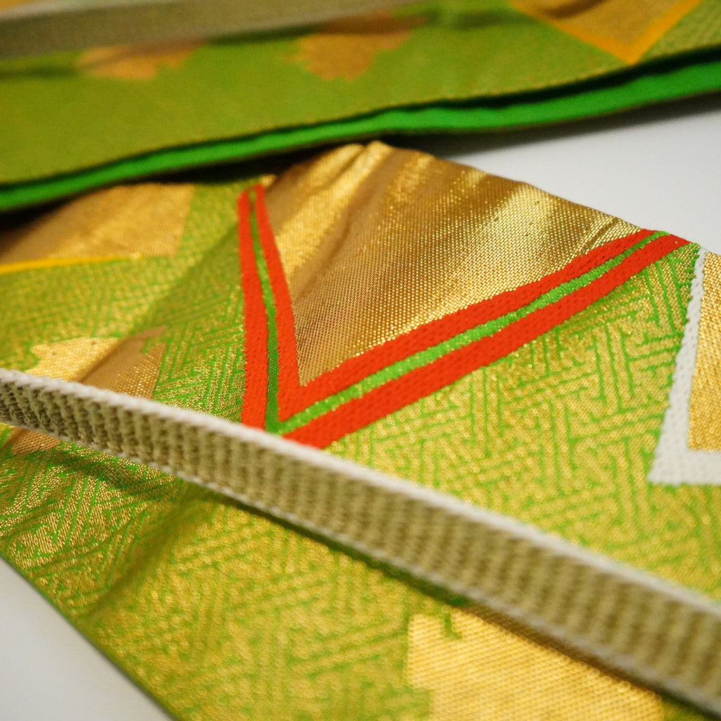 Handcrafted Belt from Vintage Kimono - Green Geometric pattern Design B001