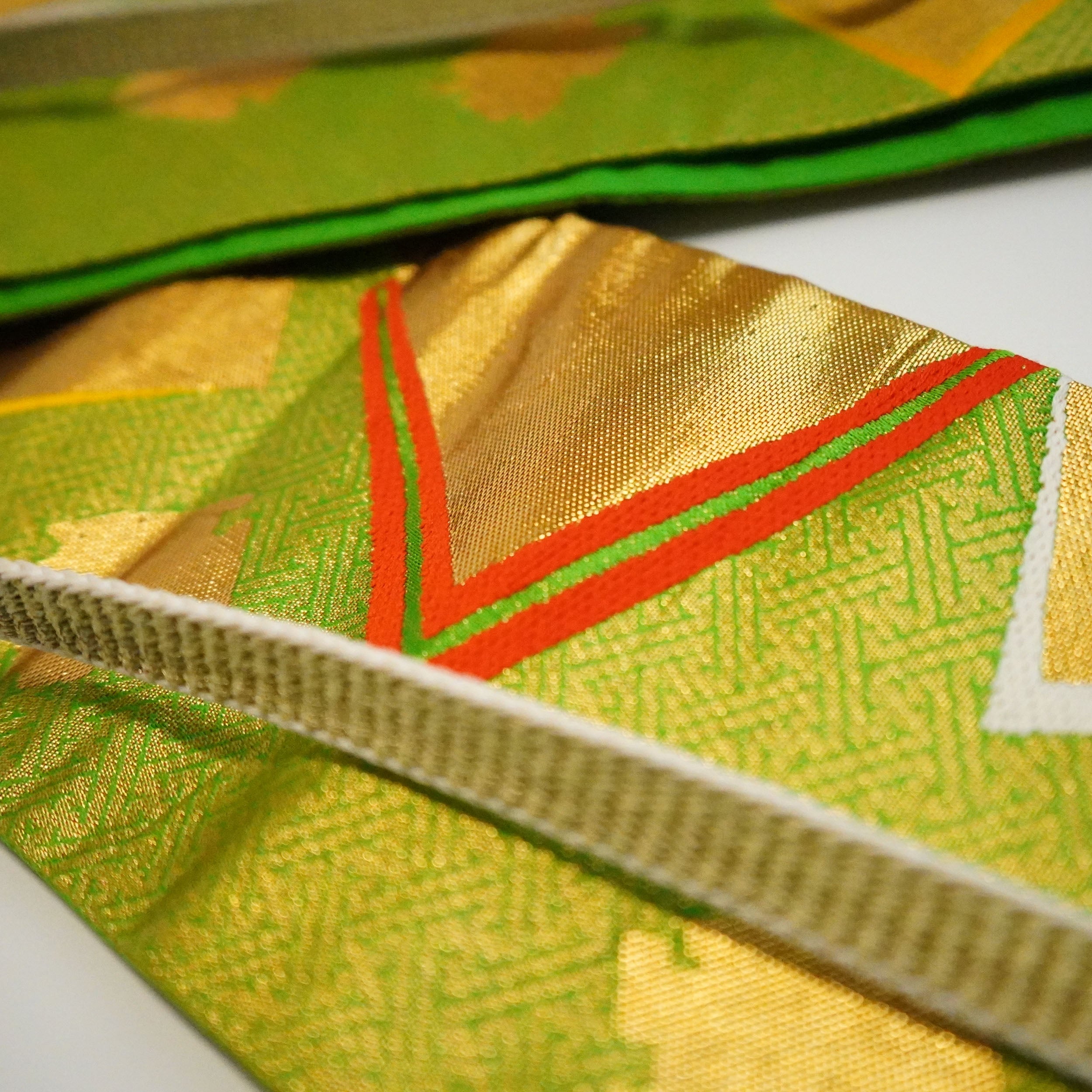 Handcrafted Belt from Vintage Kimono - Green Geometric pattern Design B001