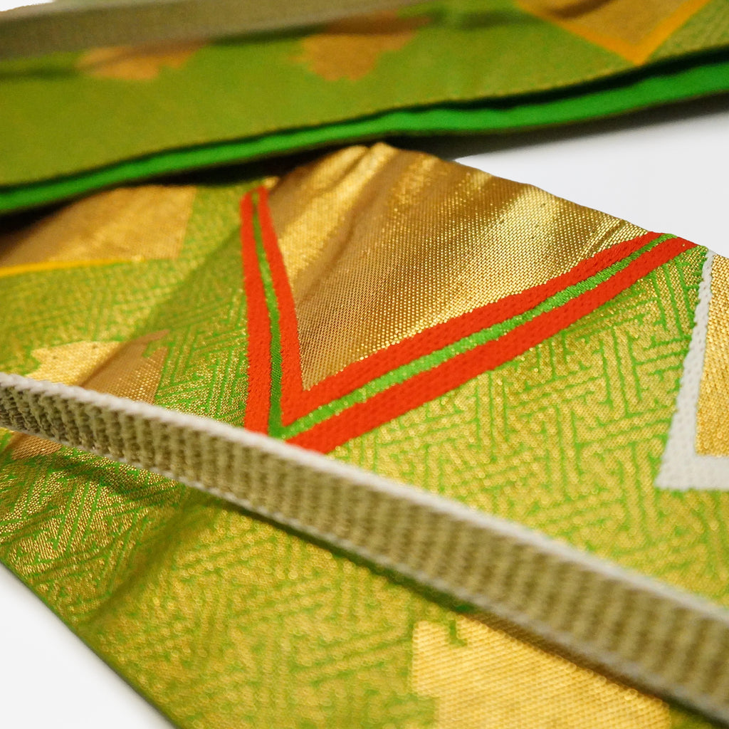 Handcrafted Belt from Vintage Kimono - Green Geometric pattern Design B001