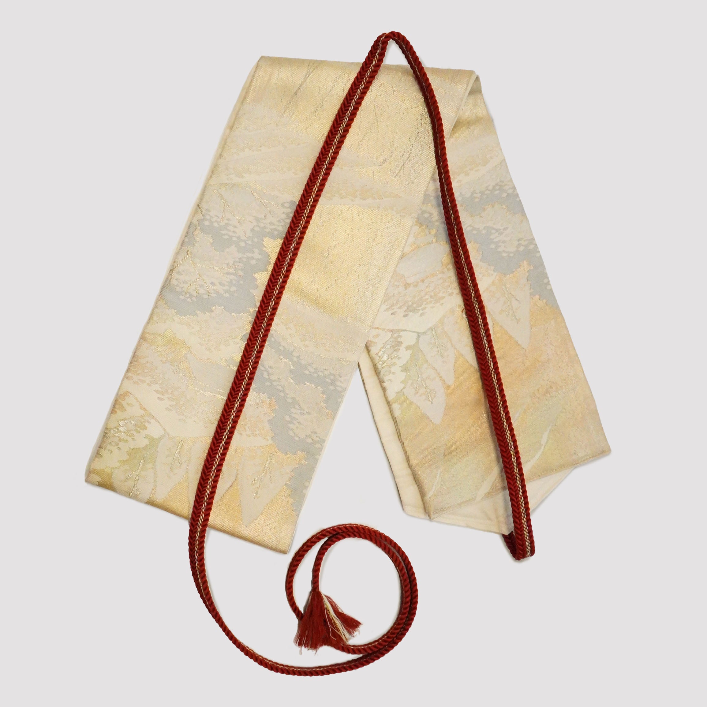 Handcrafted Belt from Vintage Kimono - White Gold Red Design B002