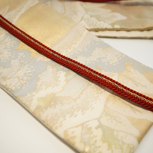 Handcrafted Belt from Vintage Kimono - White Gold Red Design B002