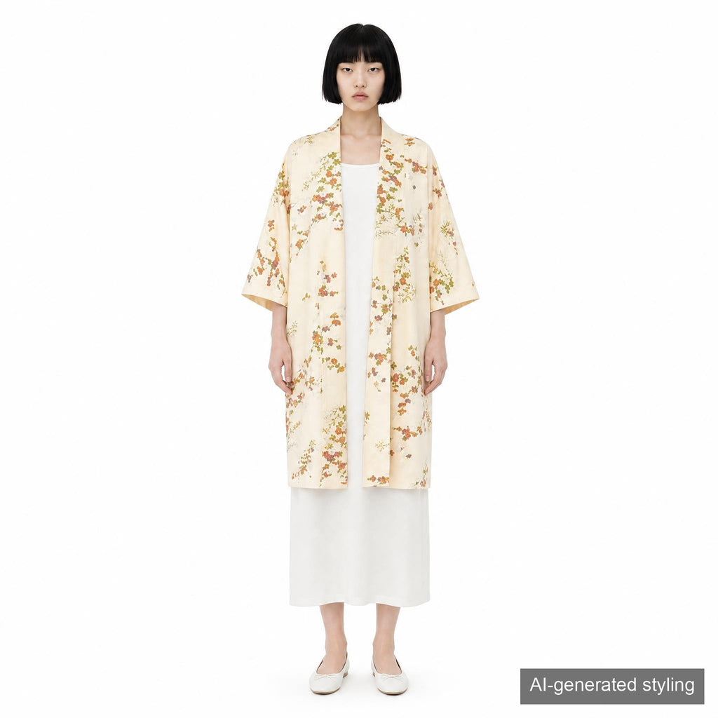 Handcrafted Robe from Vintage Kimono - Cream Floral Design D008