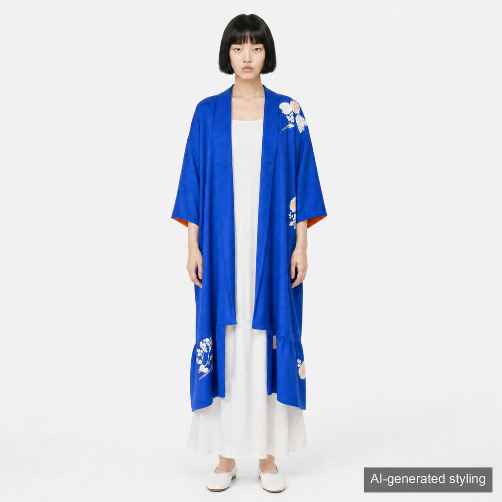 Handcrafted Robe from Vintage Kimono - Blue-purple Floral Design D010