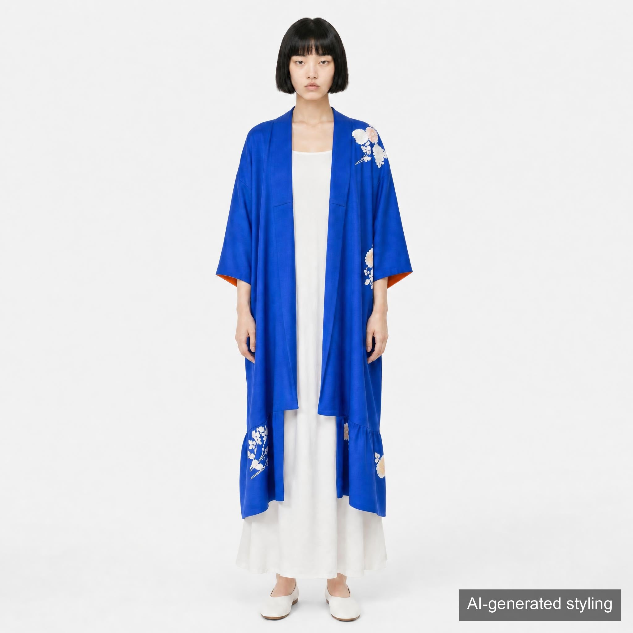 Handcrafted Robe from Vintage Kimono - Blue-purple Floral Design D010