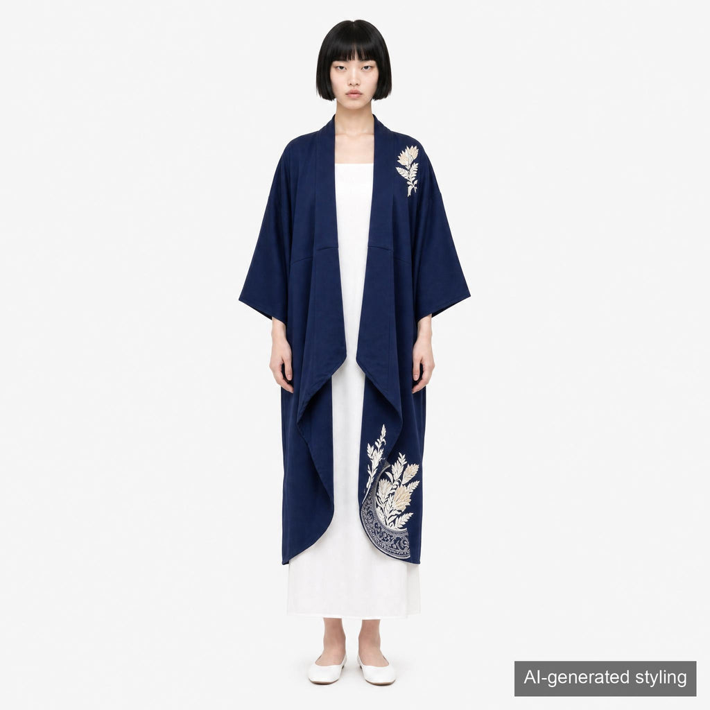 Handcrafted Robe from Vintage Kimono - Navy Flower Design D012