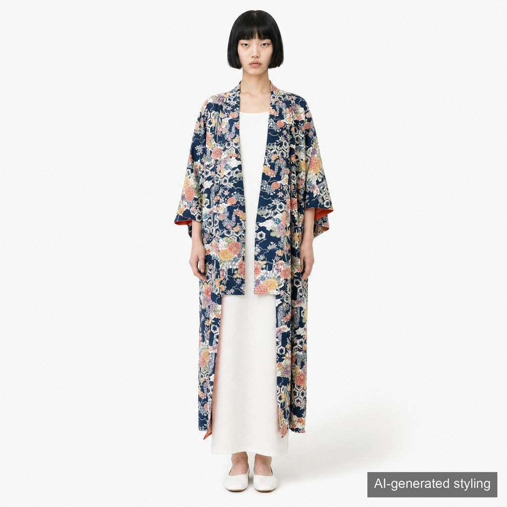 Handcrafted Robe from Vintage Kimono - Navy Blue Floral Design "Bingata"-Dyed D013