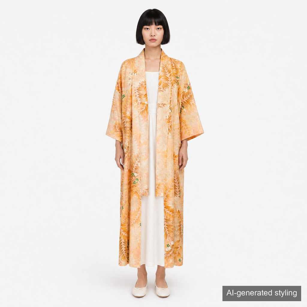 Handcrafted Robe from Vintage Kimono - Orange Botanical Pattern D020