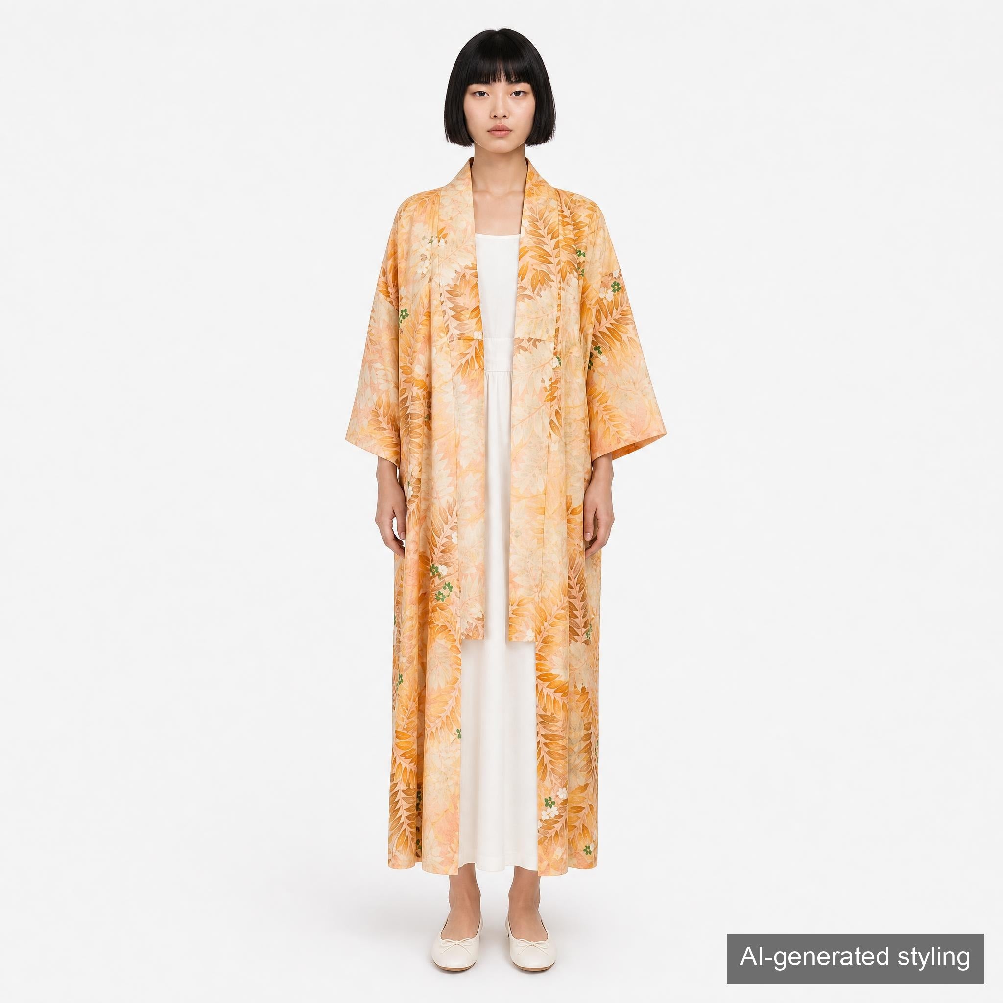 Handcrafted Robe from Vintage Kimono - Orange Botanical Pattern D020